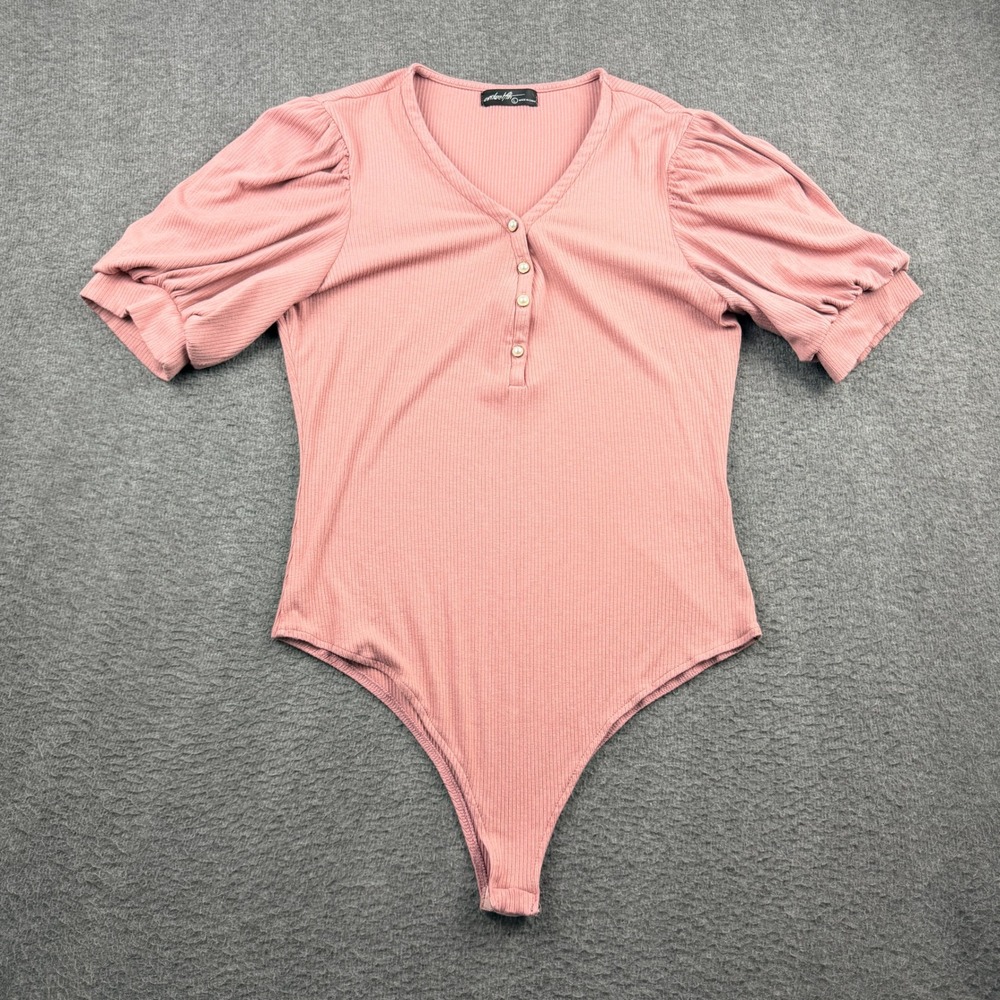 On Twelfth Ribbed Women's L Large Puff Sleeve Henley Bodysuit Mauve‎ Pink